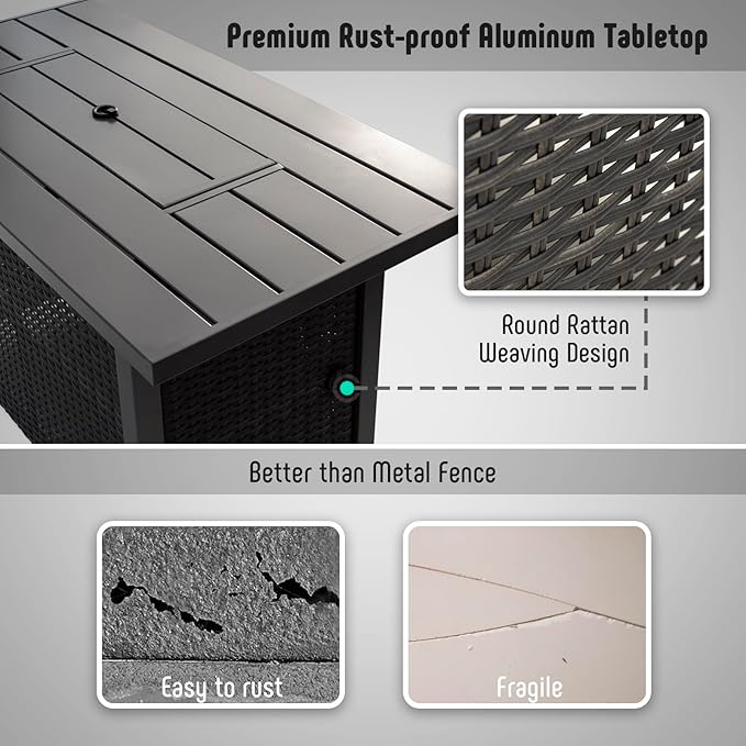 43" Propane Fire Pit Table with Rattan Fence, 50,000 BTU Gas Fire Pits for Outside Patio with Auto-Ignition, 2-in-1 Fire Table with Glass Stones,Wind Guard& Removable Lid, Black