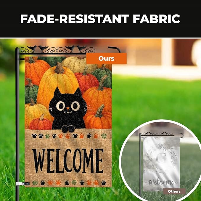 Halloween Garden Flag – Black Cat Pumpkin Patch Welcome Flag, 12x18 Double Sided Burlap Halloween Yard Flag for Outside, Seasonal Fall Outdoor Decoration, Weatherproof