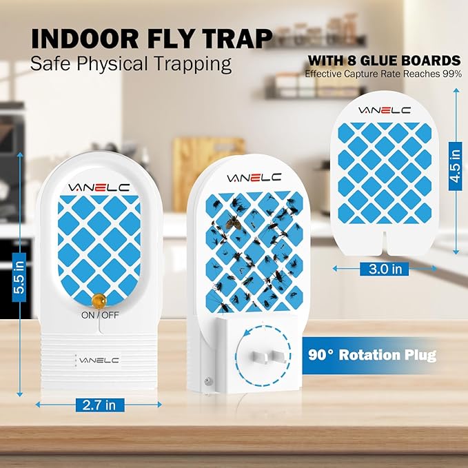 Fly Trap Indoor, VANELC Flying Insect Trap, Plug-in Fruit Fly Trap for Flies, Moth and Other Flying Insects, Gnat Traps for House Indoor, Bug Catcher Light Fly Killer (8 Double Sided Glue Cards)