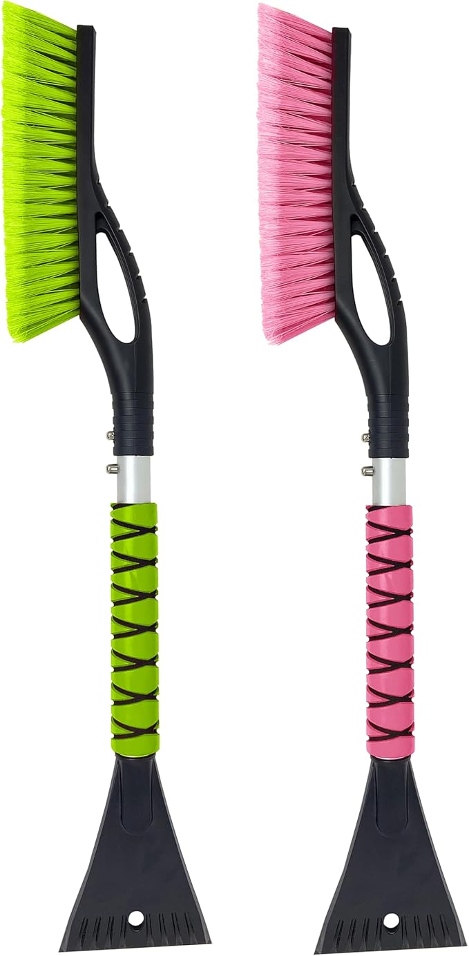 27" Car Snow Brush and Ice Scrapers for Car Windshield (2 Pack), Window Scraper with Ergonomic Foam Grip, Snow Removal for Car, Must Have Winter Car Accessories (Green and Pink)