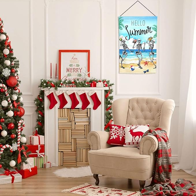 Hello Summer Skeleton Funny Skull Summer Coastal Hawaii Tropical Ocean Garden Flag Welcome Party Outdoor Outside Decorations Picks Home House Garden Yard Decor 12x18 Inch