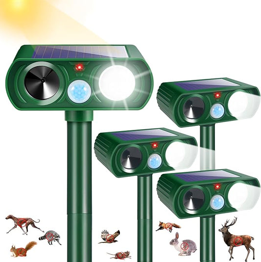 4Pack Solar Ultrasonic Animal Repellent Outdoor Deer Repellent Devices with Motion Detection&Flash Light Dog Raccoon Cat Deterrent,Keep Rodent Chipmunk Squirrel Rabbit Away for Yard Garden