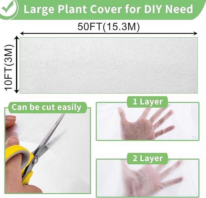 SPORTYOUTH Plant Covers Freeze Protection 10 x 50 FT 1.2 oz/yd² Frost Cloth Blankets Large Thicker Garden Floating Row Cover Fabric for Outdoor Plants Winter Cold Fruits Pests Protection, White