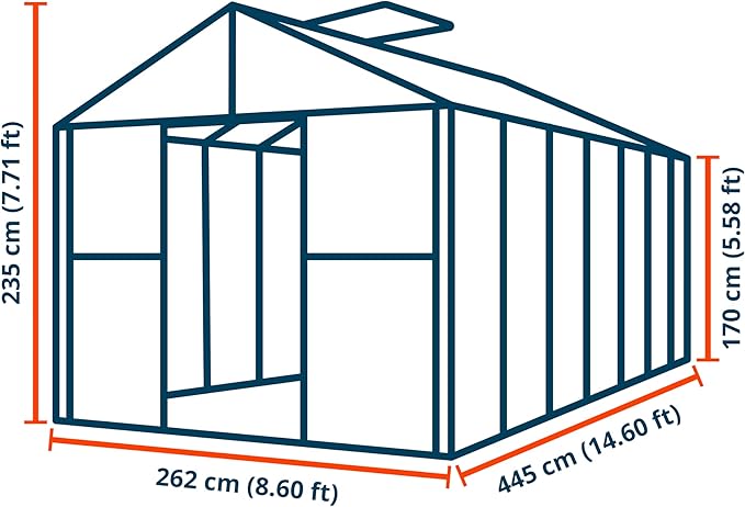 Greenhouse Rubin 7 Aluminum Frame 8.6 x 14.6 ft with Approx. 10 mm Polycarbonate Panels - with 2 Extra Skylights and 2 Automatic Window Openers