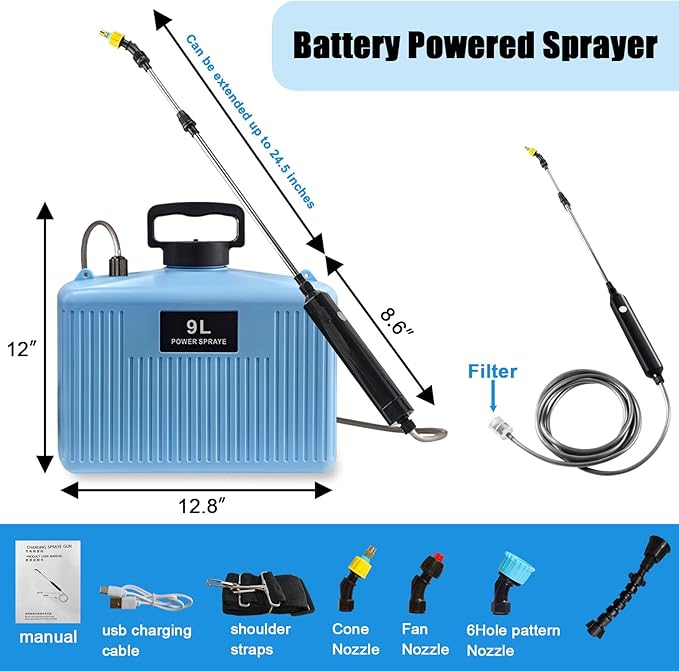 Battery Powered Sprayer 2.4 Gallon and 34 Ounce Set, Electric Garden Sprayer With 4 Nozzles, Adjustable Shoulder Strap, Retractable Wand for Weed, Yard, Lawn and Garden