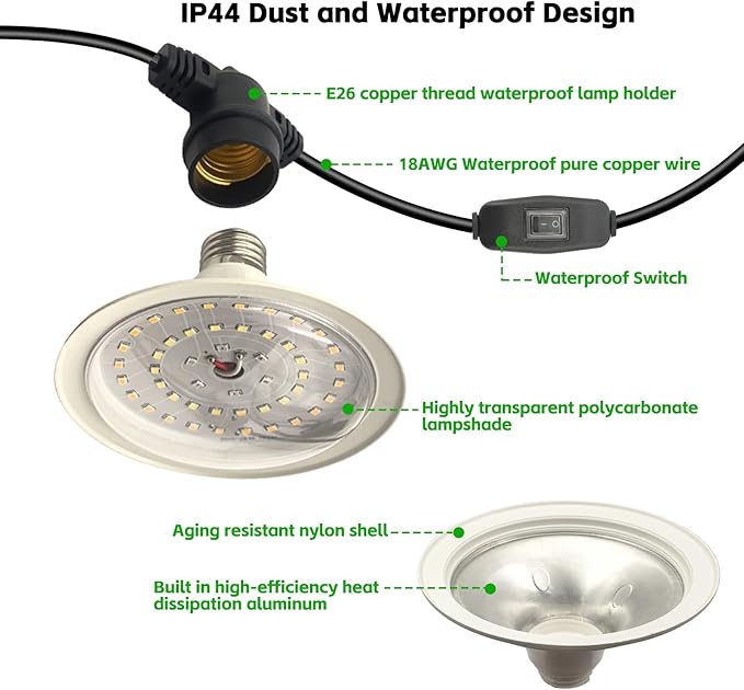 Outdoor LED Grow Lights, Waterproof String Grow Light, Full Spectrum Plant Growing Lights with 12Ft Adjustable Cord 3 Lights