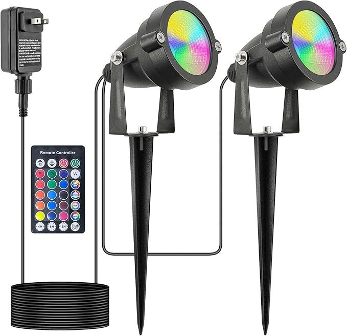 Halloween Outdoor SpotLights with Timer, 10W IP65 Waterproof Metal Landscape Lights Remote Colored Spot Lights RGB Color Changing Spotlight for Outdoor Yard Garden Lawn(2 Lights)