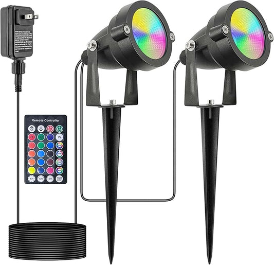 Halloween Outdoor SpotLights with Timer, 10W IP65 Waterproof Metal Landscape Lights Remote Colored Spot Lights RGB Color Changing Spotlight for Outdoor Yard Garden Lawn(2 Lights)