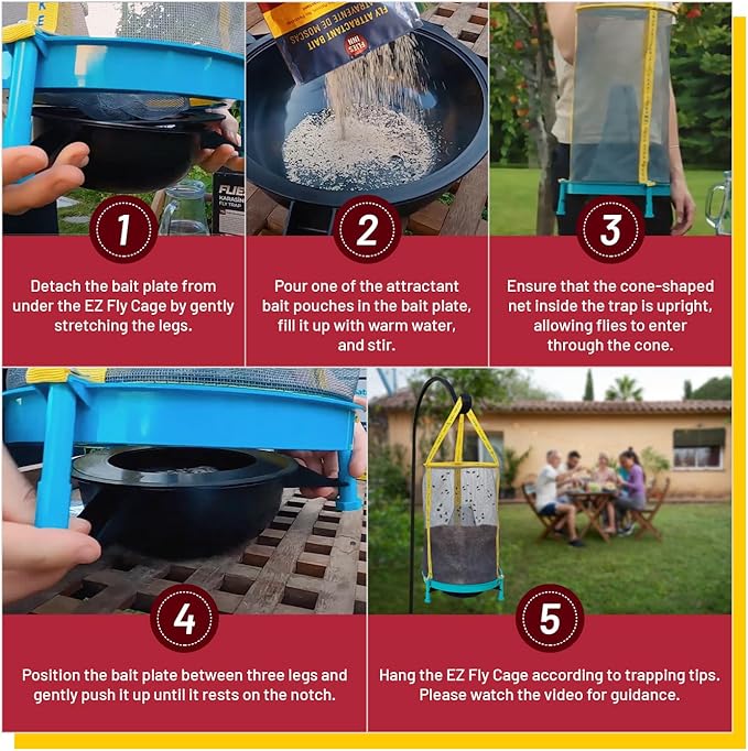 EZ Fly Cage Ranch Fly Trap with 2 Flies Inn Fly Attractant Bait Refill, Low Odor, Reusable, Built to Last for Years