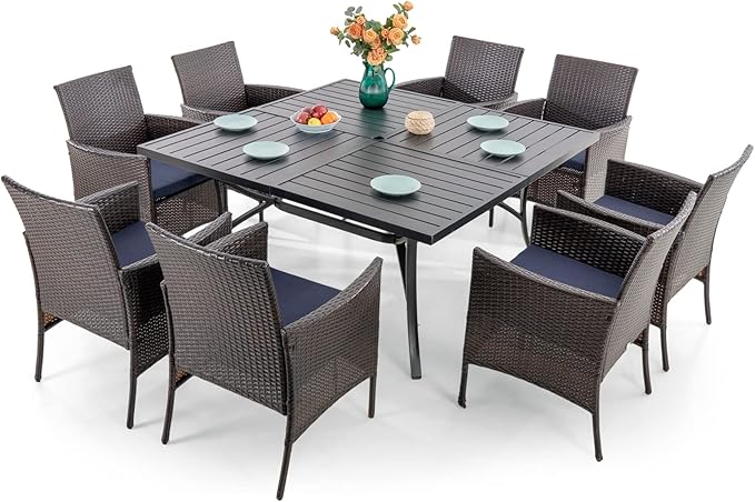Sophia & William 9 Pieces Patio Dining Set for 8, All Weather Square Metal Patio Table and Wicker Chairs Set, Large Outdoor Dining Set for Outside, Black Tabletop