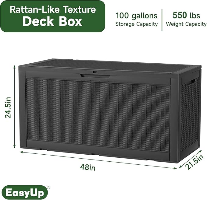 100 Gallon Outdoor Storage Box Waterproof, UV Resistant Resin Deck Box with Hydraulic Rod, Reinforced Stability for Patio, Garden, Rattan Black