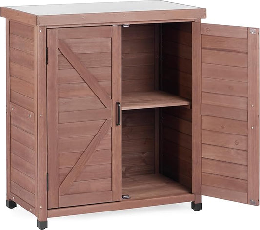 Potting Bench with Storage Cabinet and Metal Table Top for Outdoor Patio, Garden Furniture Wood Workstation (Farmhouse Brown, 31x17x36)