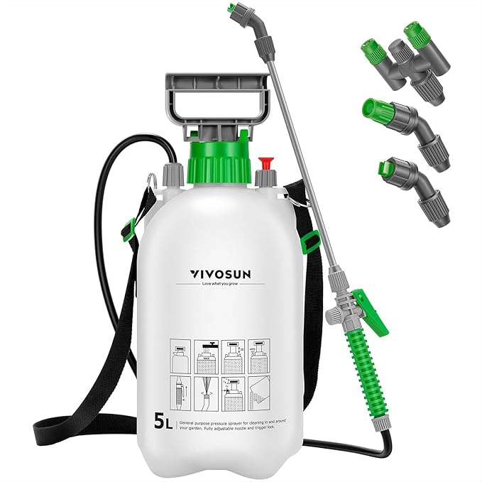 VIVOSUN 1.35 Gal/5L Pump Sprayer, Garden Water Sprayer for Plants, Weeds & Lawn Care, with 3 Nozzles, 50'' Long Hose & Pressure Relief Valve