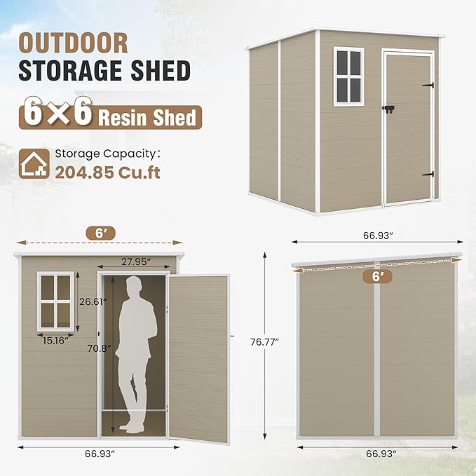 Outdoor Storage Shed, 6x6 FT Resin Shed with Floor and Lockable Door, Window, Vents, Tool Sheds and Outdoor Storage for Bike, Garden Accessories, Tools, Waterproof Light Brown