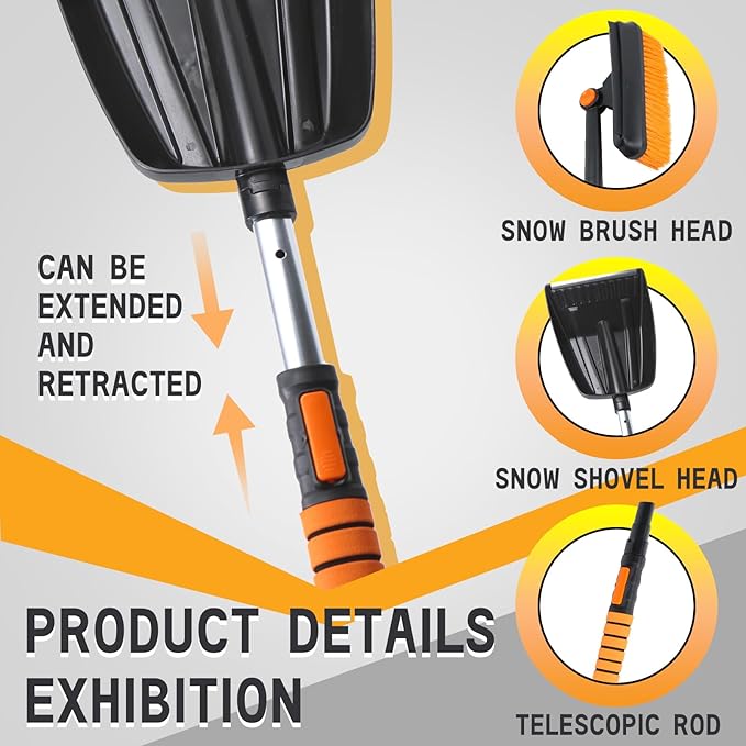 6 in 1 Snow Brush Snow Shovel Set Retractable Car Snow Scraper with 270° Rotating Broom Silicone Strip Foam Grip Ice Scraper and Accidental Snow Shovel Vehicle Winter Kit for Trucks SUV Cars