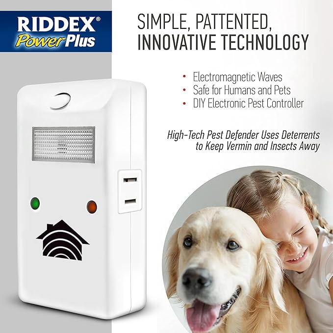 RIDDEX Power Plus Insect Repellent | Plug in, Mouse Deterrent - Pest Control for Defense Against Rats, Mice, Roaches, Bugs and Insects | Control Pests with No Toxins with Side Outlet