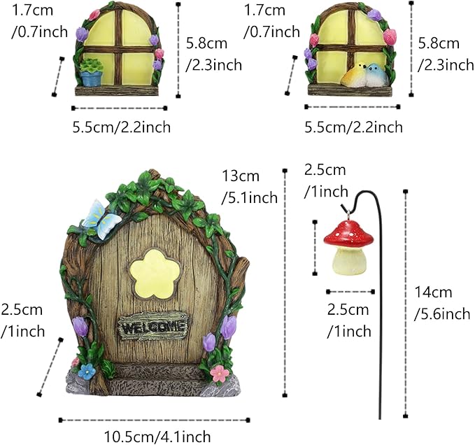 Fairy Door and Windows Garden Kit Accessories Outdoor, Glow in Dark Gnome House for Tree, Lawn Yard Art Sculpture, Miniature Garden Decor (Butterfly)