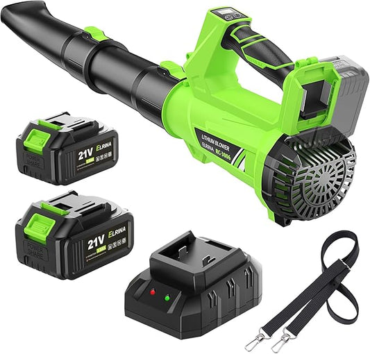 ELRINA Leaf Blower Cordless with 2 x 3.0Ah Batteries and Charger, 6-Speed Mode Lightweight Electric Blowers for Lawn Care, Yard Cleaning, Blowing Leaves, Dust, Snow Green, with Shoulder Straps