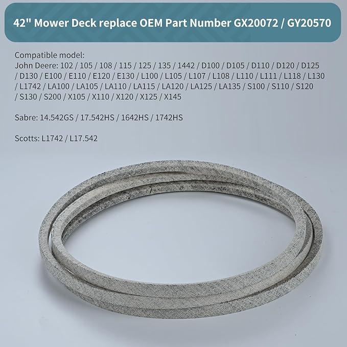 1/2 x 103'' Mower Deck Belt Replace for John Deere GY20570 GX20072 42-inch Deck Mower Belt Compatible with D100 LA105 L108 X145 108-17HS 1642HS L1742