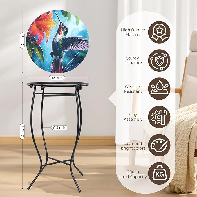Outdoor Side Tables for Patio, 21" High Round End Table, Weather Resistant Metal Patio Accent Table Indoor and Outdoor End Table for Yard, Garden, Living Room, Bistro, Halloween (Hummingbird)