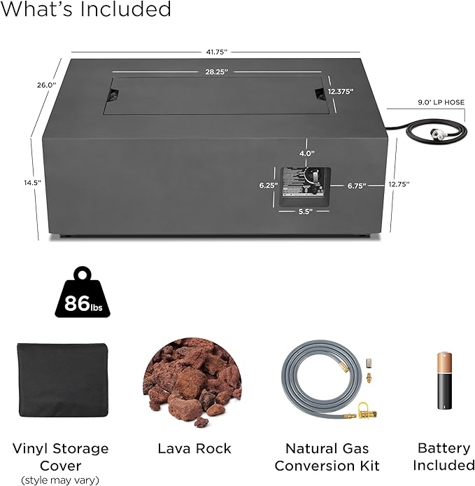 Real Flame Aegean 42in Rectangle Propane or Natural Gas Fire Pit Table, 50,000 BTU, Powder-Coated Steel, Push-Button Ignition, CSA Certified, Lava Rock, Storage Cover, Stainless Steel Burner with Lid