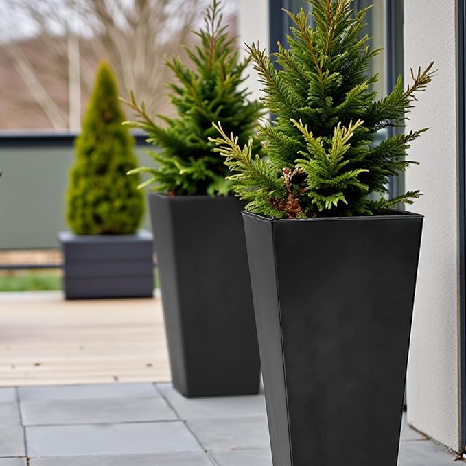 Worth Garden Large Metal Glazed Planter Set of 2 (25" + 28"), Luxurious Glossy Finish Black Tall Square Tapered Steel Plant Pot, Decor Flower Pot Indoor & Outdoor, Drainage Hole & Dual-Purpose Saucer