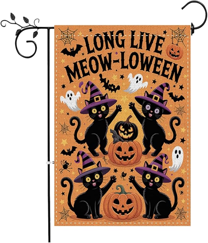 Fokongna Funny Halloween Decor Black Cat Garden Flag, Cute Halloween Long Live Meow-Loween Flag, Gift for Cat Lover 12x18 Inch Burlap Vertical Double Sided Flags, for Home Yard Outside Decorations