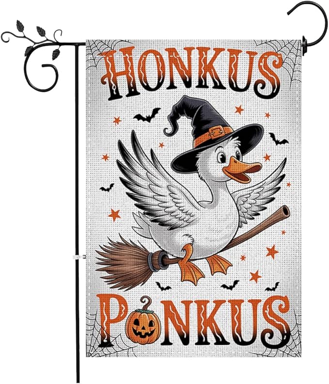 Fokongna Witch Goose Halloween Garden Flag, Interesting Happy Halloween Decor, 12x18 Inch Burlap Vertical Double Sided Flags, for Home Yard Outside Decorations