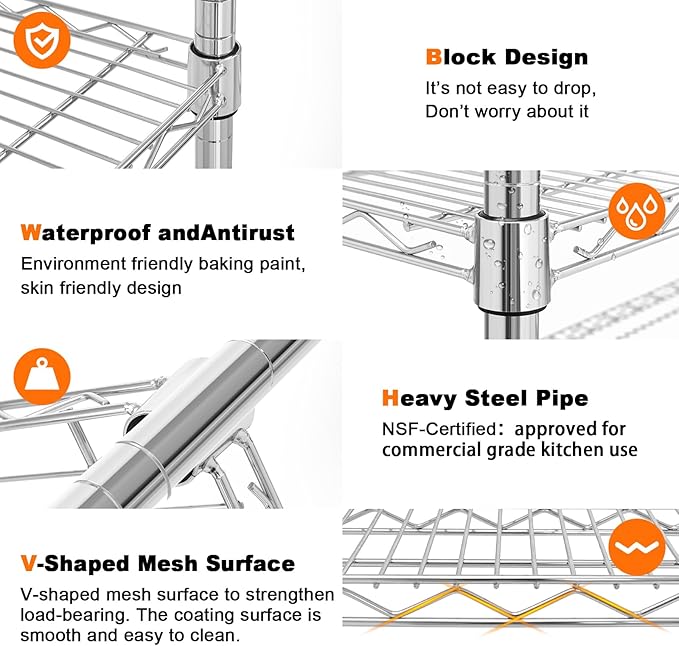 Land Guard 5 Tier Chrome Storage Racks and Shelving - 48" L x 20" W x 72" H Heavy Steel Material Pantry Shelves - Each Unit Loads 350 Pounds Wire Shelf, Suitable for Warehouses, Closets, Kitchens