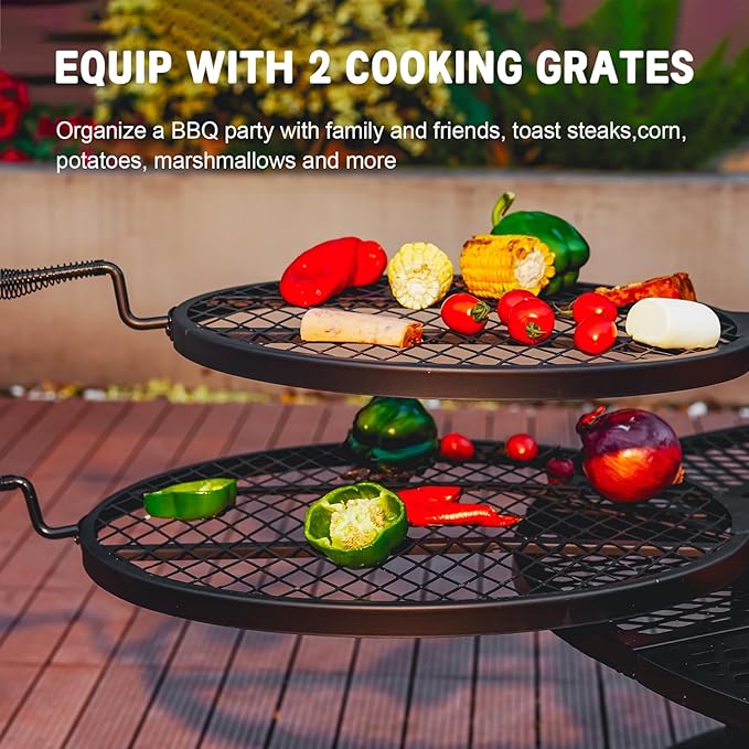 42 Inch BBQ Fire Pit with 2 Grills,3-in-1 Outdoor Round Metal Fire Pit Table with Lid,Fire Poker,Large Outdoor Wood Burning Firepits for Outside,Picnic,Bonfire Backyard Patio(Black)