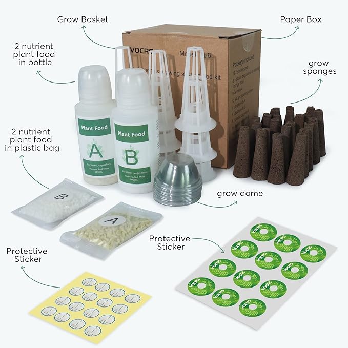 Seed Pods for Hydroponics Growing System - (No Seeds), Hydroponics Supplies with 24 Grow Sponges, 12 Planting pods,2 Set a&b Hydroponic Nutrient Plant Food,28 Stickers,12 Seeding Cover