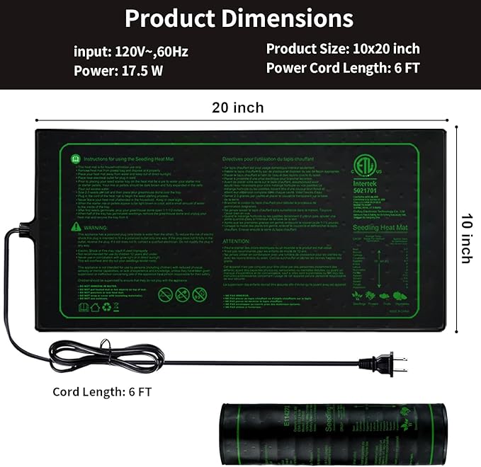 Upgrade 20" x 10" Durable Waterproof Seedling Heat Mat with ETL Certified, Warm Hydroponic Heating Pad for Germination,Indoor Plant Gardening and Cutting, Brewing and Seed Starting Greenhouse