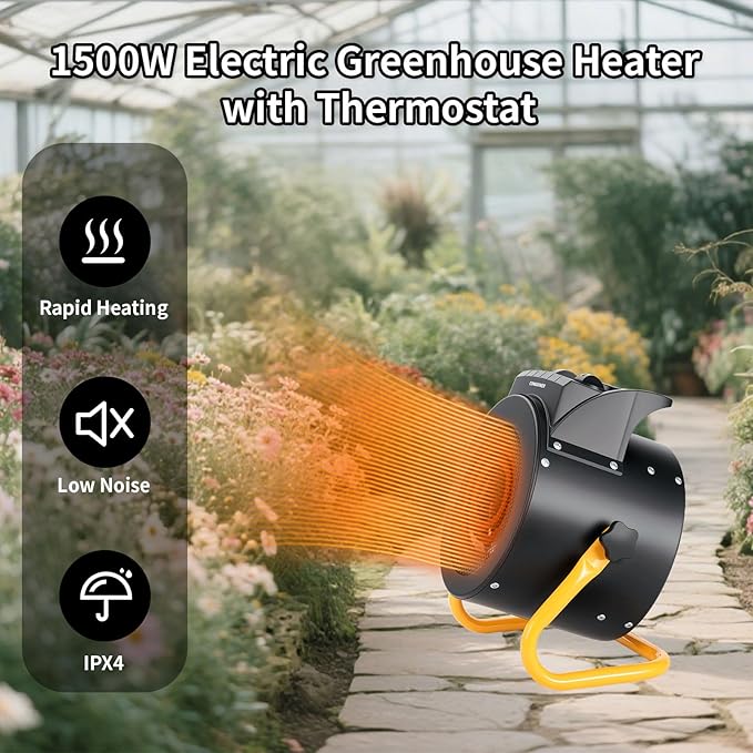 Greenhouse Heater with Digital Thermostat, 1500W/750W Electric Grow Tent Heater, IPX4 Waterproof, Overheat Protection, Fast Heating for Patio, Flower Room, Green House, Ourdoor