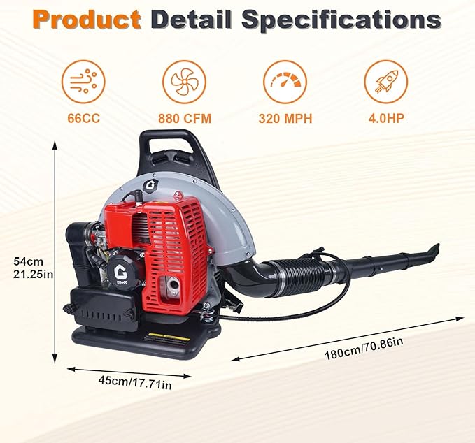 66CC Backpack Blower, 4-HP 2-Cycle Gas Leaf Blower with 880 CFM & 320 MPH, Backpack Leaf Blower, Powerful Clearing Performance for Wet Leaf & Debris Clean & Snow Removal