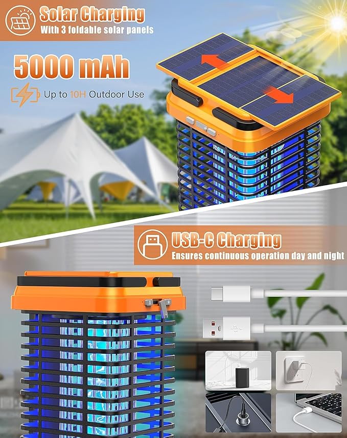 Solar Bug Zapper Outdoor Indoor, Mosquito Zapper with Dual-Mode Reading Lamp, Cordless & Rechargeable Electric Fly Trap, IPX4 Waterproof for Patio, Backyard