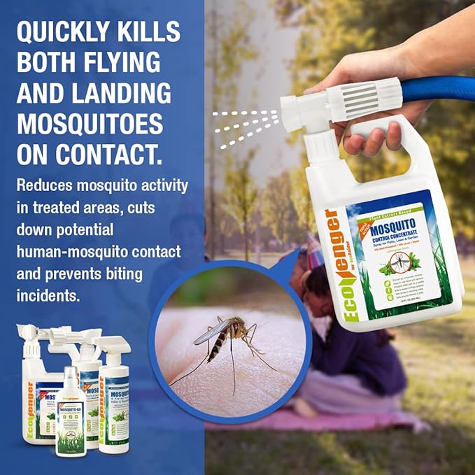 EcoVenger by EcoRaider Mosquito Control Triple-Action Hose-end Spray 32 oz, Kills Aphids, Gnats, Ticks, Kills All Stages + Larvae Control + Lasting Repellency, Citrus Scent, Non-Toxic Child-&-Pet-Safe