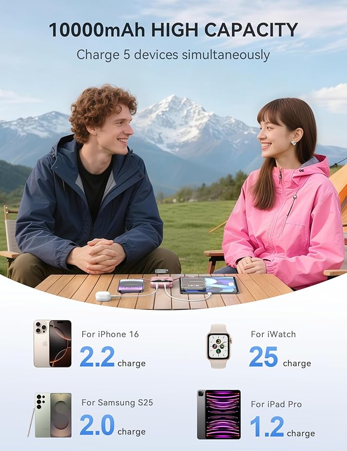 Portable Charger Power Bank, 10000mAh 22.5W Fast Charging Phone Charger with Built-in Cables, Travel Essential Battery Pack with LED Display, Keychain Battery Bank for iPhone, iWatch 10/9/8/7/6/5 Rose