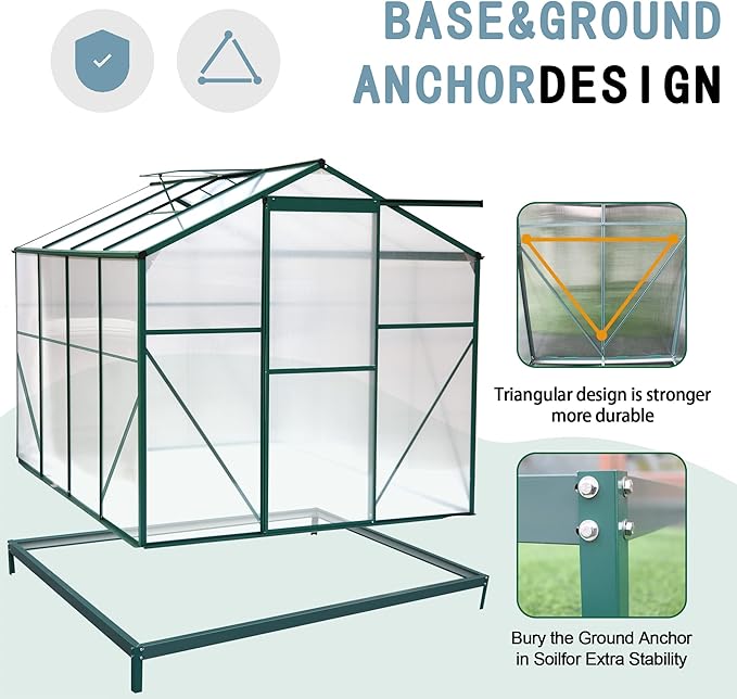 8x6 FT Greenhouses for Outdoors, Outside Heavy Duty Walk in Green House for Garden Plants, UV Protection Adjustable Roof Vent, Thermostatic Waterproof and Insect Resistant, Green