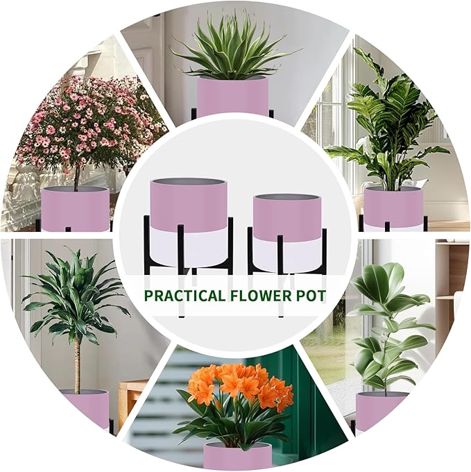 Planter with Stand Set of 2, Modern Plant Pots with Metal Legs Indoor,Flower Pots with Drainage Holes Matching Decorative Garden Pot for Living Room, Office, Garden, or Balcony 10 & 12 Inches