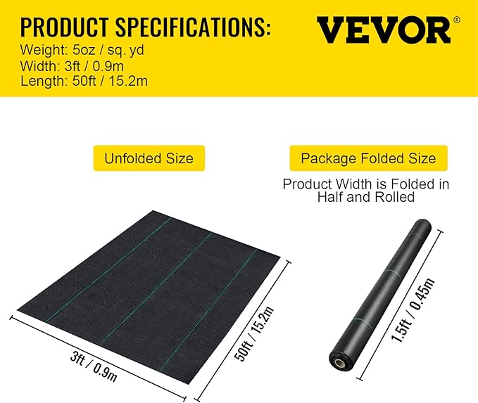 Happybuy 3FTx50FT 5OZ Garden Weed Barrier Landscape Fabric Heavy Duty, Weed Control Fabric for Garden, Weed Blocker Fabric, Geotextile Fabric Under Gravel, Driveway Fabric, Weed Mat Cloth Ground Cover