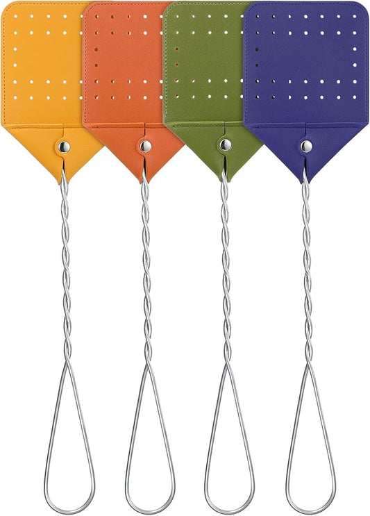Zopeal 4 Pcs Sturdy Leather Fly Swatter 17 Inch Long Handle Manual Swat Heavy Duty Metal Handle Flyswatter Rustic Fly Swatter for Indoor Outdoor(Orange, Green, Yellow, Purple)