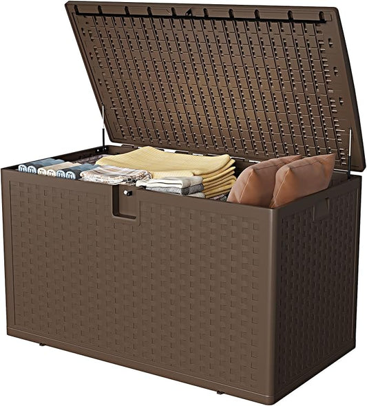 73-gallon outdoor waterproof storage box Lockable outdoor storage box Resin box for parcel delivery Suitable for storing balcony furniture, garden tools, toys - Brown wood grain finish