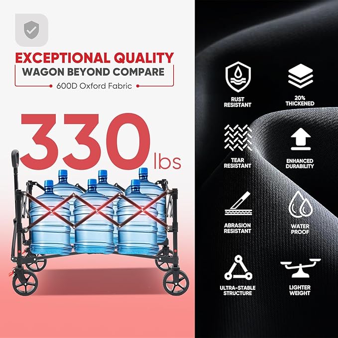 Collapsible Foldable Wagon Cart with 330lbs Weight Capacity, Heavy Duty Folding Wagon Cart with Big All-Terrain Wheels & Drink Holders. Black