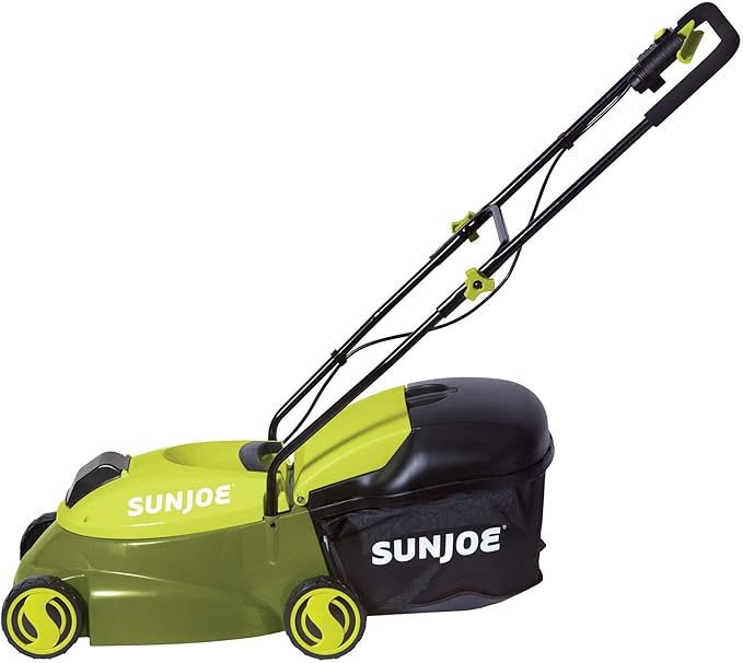 Sun Joe MJ401C 14-Inch 28-Volt Cordless Push Lawn Mower, w/10.6-Gallon Collection Bag, 3-Position Height Adjustment, Safety Key, 14 inches, Green