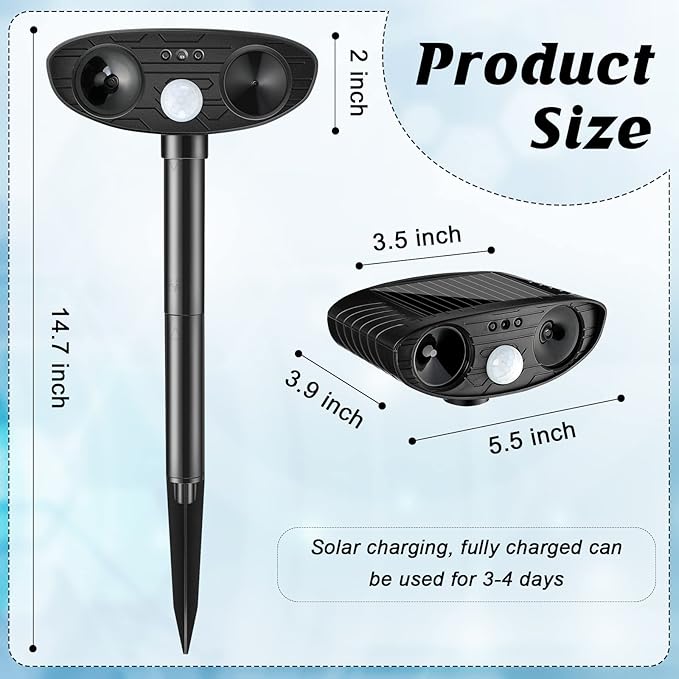 Ultrasonic Animal Repellent Outdoor Solar Powered Repeller Cat Dog Deer Deterrent Waterproof Motion Sensor Deterrent for Yard Garden Rabbit Squirrels Fox Pest(Black, Green,4 Pieces)