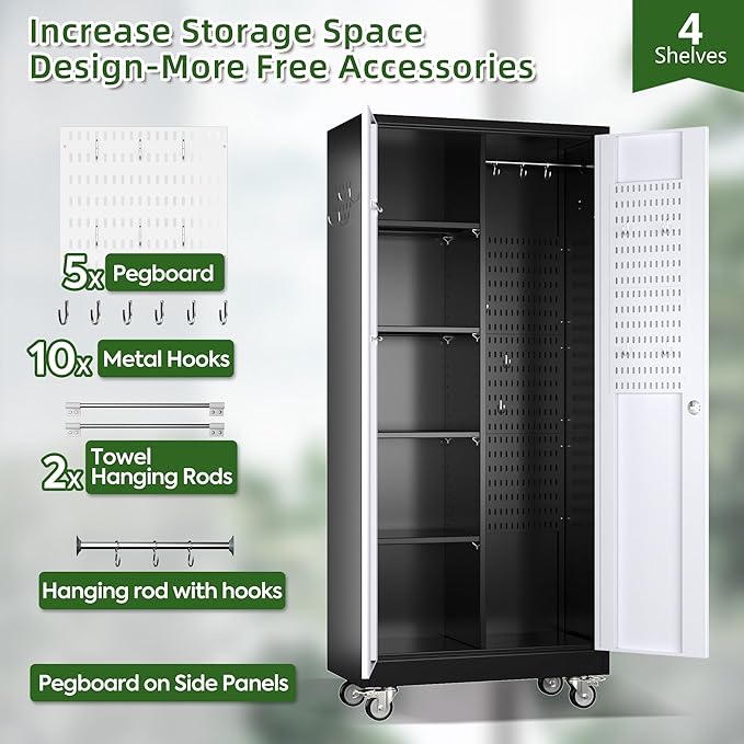 Broom Closet Storage Cabinet with Wheels and Pegboard,Metal Garage Storage Cabinet with Doors and Adjustable Shelves for Garage Home Office,Required Assembly,Black and White