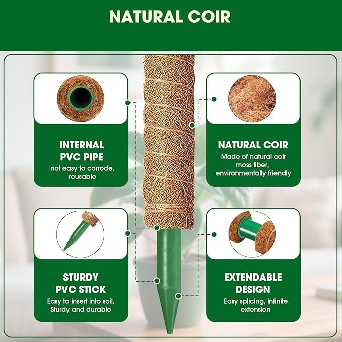 Moss Pole, 2 Pack 21 Inch Monstera Plant Support for Climbing Plants, 36 Inch Tall Stackable Plant Stakes for Indoor Plants Coco Coir Moss Pole Sticks Support for Potted Pothos, Philodendron
