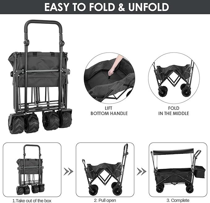 AthLike Extra Large Collapsible Wagon w/Removable Canopy, 250lbs/262L Capacity Foldable Garden Cart w/Rear Storage, Heavy Duty Push&Pull Utility Camping Beach Stroller w/Big Wheel&Adjustable Handles