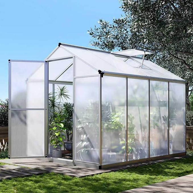 Greenhouse, 6.25x8 Ft Quick-Assembly Green House, Aerospace Aluminum & Shatterproof Polycarbonate with 24" x 23"Roof Vent for Patio/Garden, White