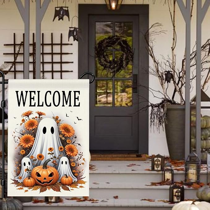 Welcome Halloween Ghost Garden Flag 12x18 Double Sided Outside Pumpkin Fall Holiday Yard Outdoor Decorative Flag